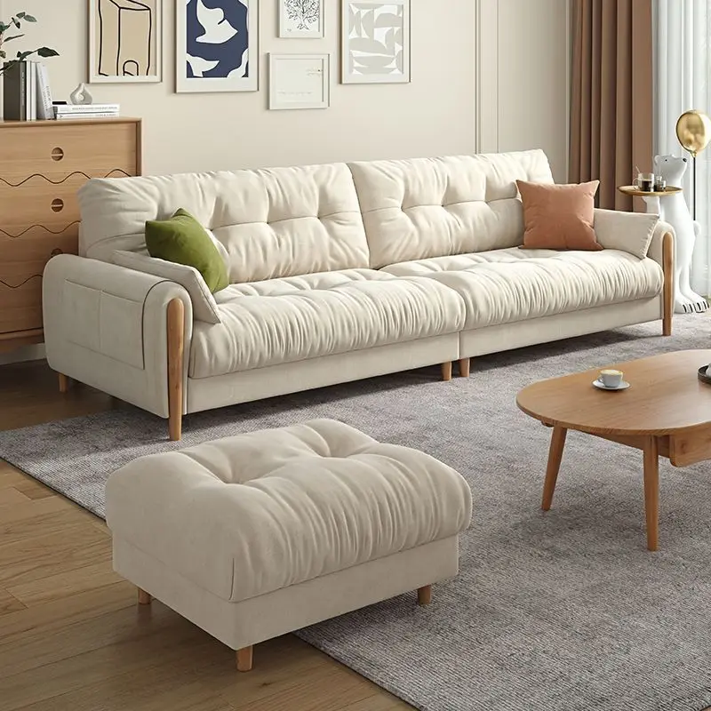 

New log cream wind straight row three-personsofa fabric modern simple small apartment living room cotton and linen sofa