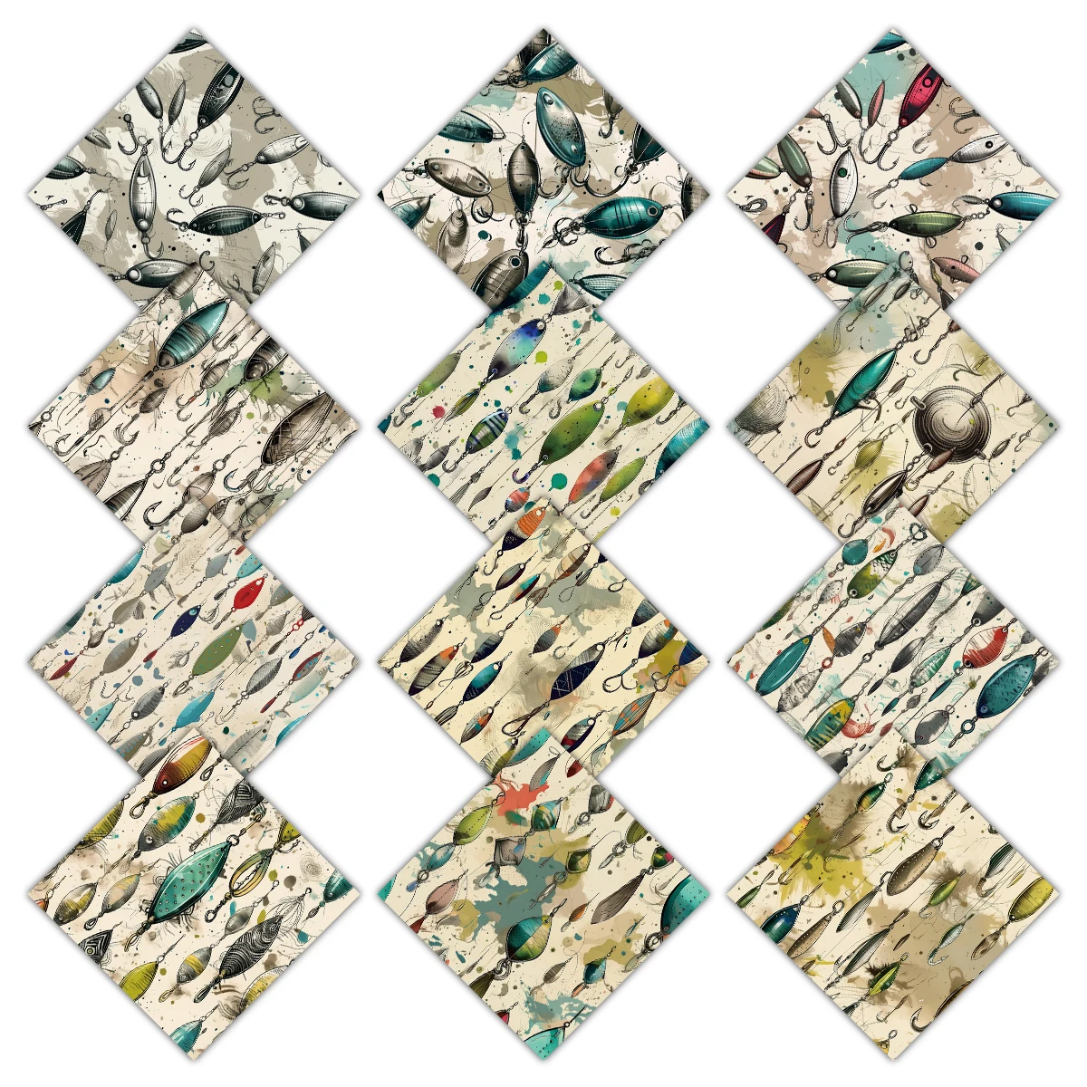 12pcs Vintage Fishing Lure Pattern Scrapbook Paper For Father's Day Themed Card Making,Diy Gift Wrapping,Party Background Decor view 6