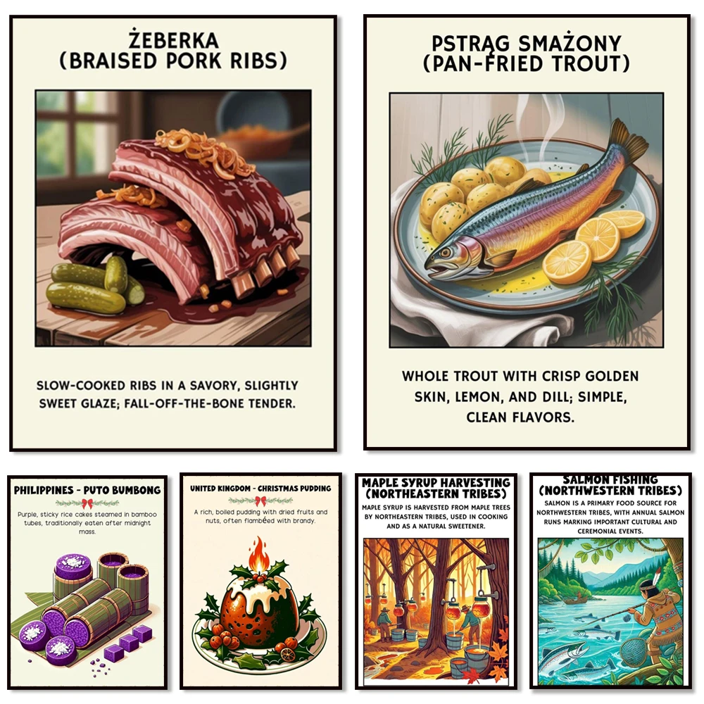 Cultivos y caza indígenas, cosecha de sirope de arce, costillas de cerdo guisadas, pudín navideño, pavo asado – Pósteres de comida polaca