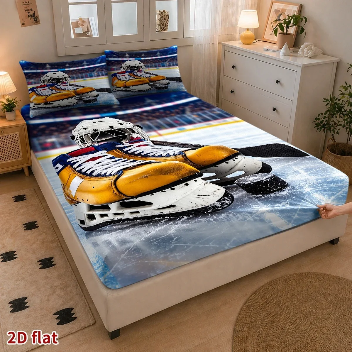 Ice Hockey Themed Bedding Set, Queen Size, Ice Hockey Player Style Quilt, Suitable for Teenage Boys and Girls, Sports Event Theme, down Comforter and Pillowcases, Soft Microfiber Winter Sports Bedroom Decor for Kids and Teens, Three-Piece Set, Zipper Closure