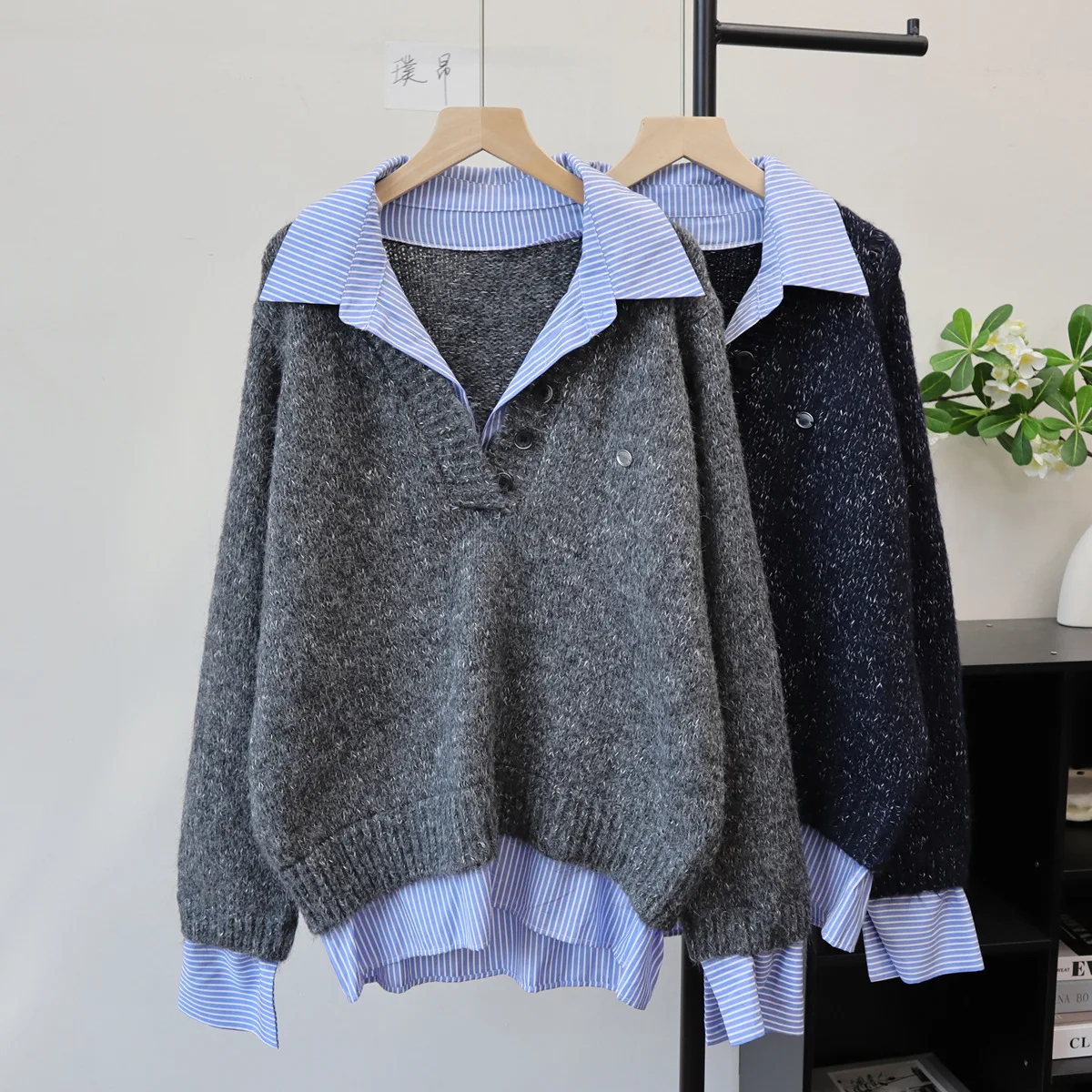 

Pullovers Women Sweaters Two Fakes Turn Down Collar Full Sleeve Y2k Streetwear Elegant Splice Knit Striped Autumn Winter 2025