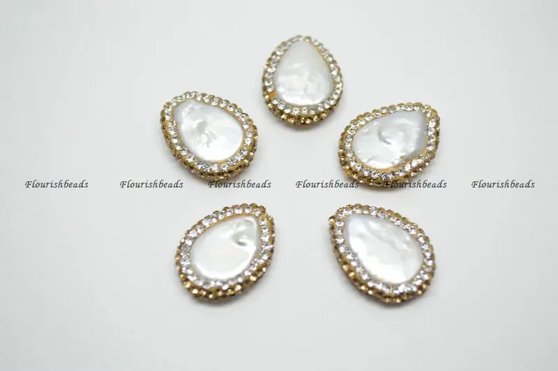 Natural White Fresh Water Pearl Flat Drop Pear Loose Beads Paved Crysta on Side DIY Jewelry Supplies