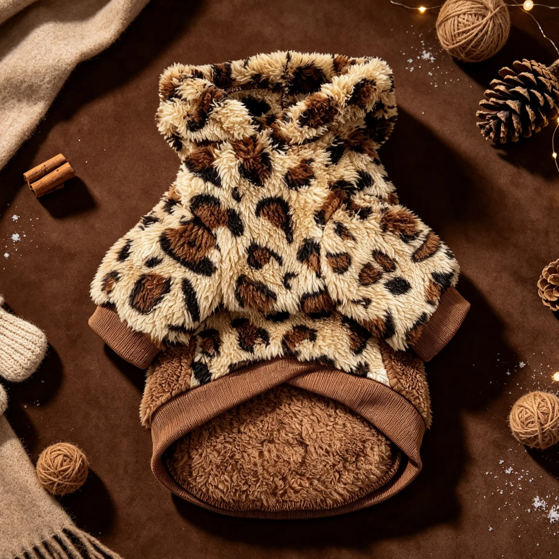 Hundejacke, Vintage-Hundemantel mit Leopardenmuster, Plüschstoff, farblich abgesetzte Kapuze, doppelseitiger Plüsch, warm und mit Taschen, Hundebekleidung. – Detail 4