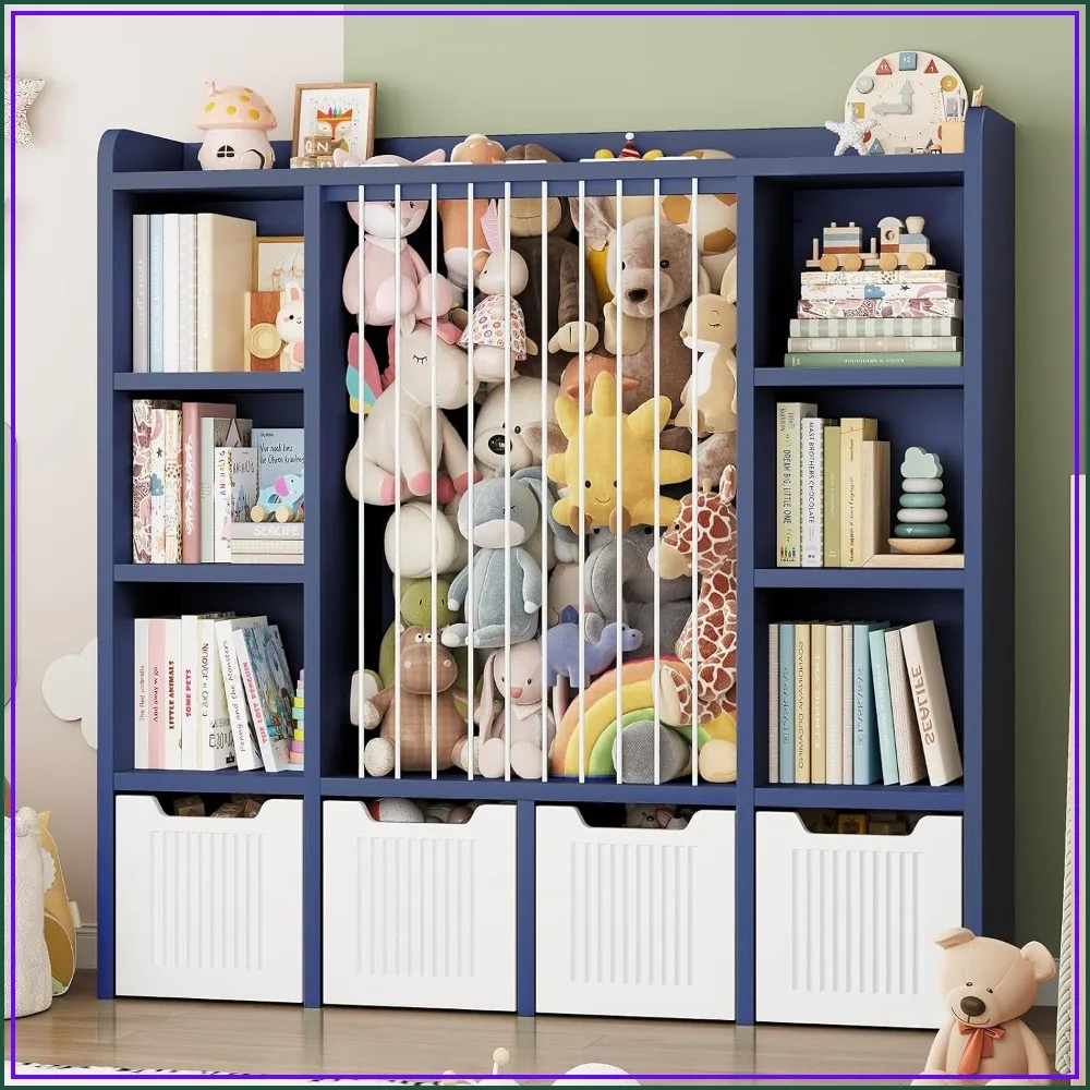 3-in-1 Toy & Stuffed Animal Storage, 4 Movable Toy Chest, Blue