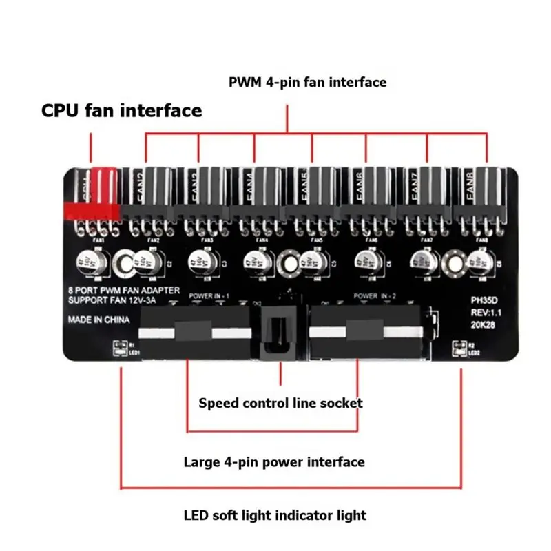 PWM Hub Fan Extension Splitter 12V Cooling Fan Speed Control Adapter Supports 3-Pin 4-Pin PWM Fans 4PIN Interface