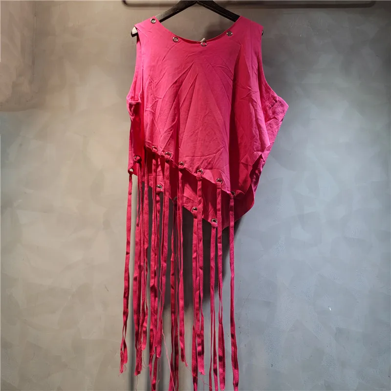 Chic Summer Women Irregular Tassels Sleeveless High Waist Vest T-shirt Loose Fringed Tees Metal Ring Camis Tank Crop Tops 2025