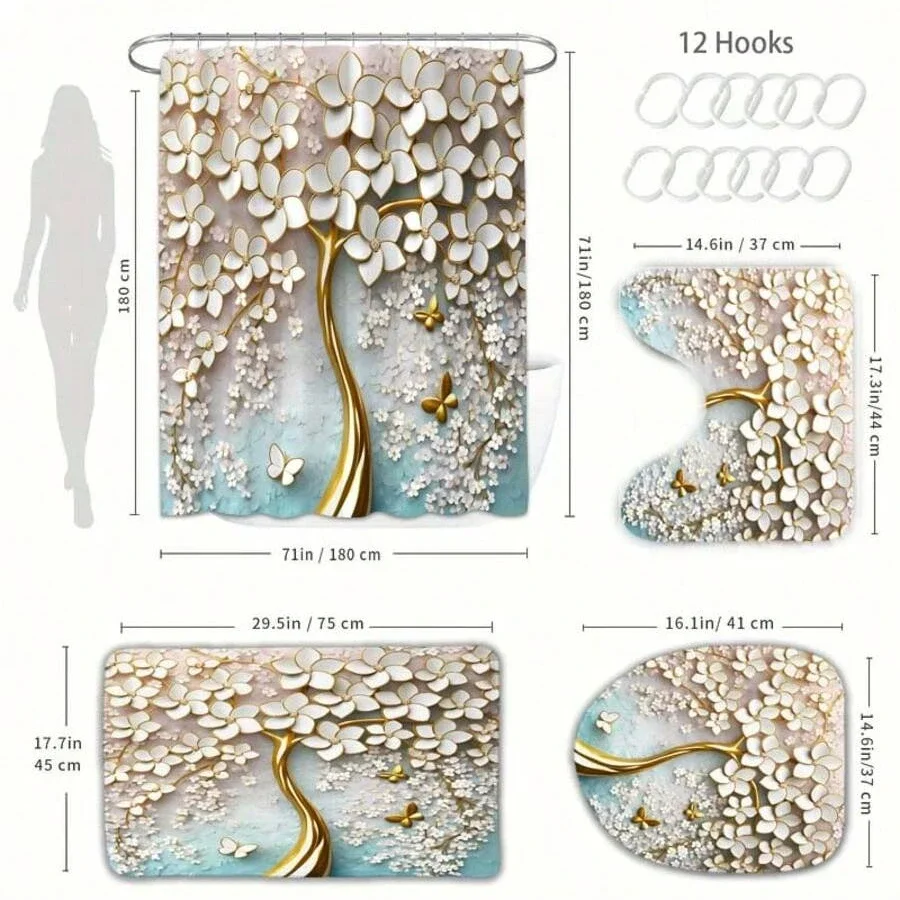 4pcs Creative 2D Floral 3D Visual Shower Curtain Set,Home Decor For Winter Premium Bathroom Home Accessories, Durable Waterproof