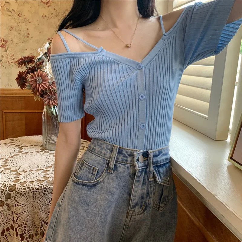 

Летние сексуальные майки с v-образным вырезом и открытыми плечами, женские корейские шикарные вязаные тонкие топы на тонких бретельках, тонкие универсальные женские футболки ZT692