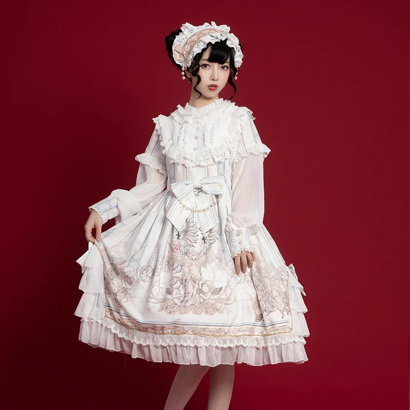 

Sweety Japanese Girly Lolita Style Dress Peter Pan Collar Cute Bow Kawaii Ruffles OP Full Sleeve Printing Gothic Loli Dress