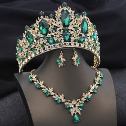 Bridal Green Tiaras Set Crystal Crown Bridal Jewelry Sets for Women Prom Wedding Dress necklace earrings Costume Accessories