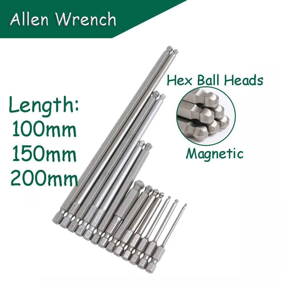 

Hex Allen Wrench Bits H2 - H10 Magnetic Hexagonal Ball Heads S2 Steel 100/150/200mm Length 1/4" Shank Electric Batch Head Repair