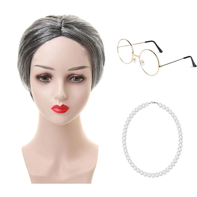 Wig Nenek Cos Halloween Nenek Rambut Keriting Charterer Pertunjukan Panggung Alat Peraga Penutup Wig
