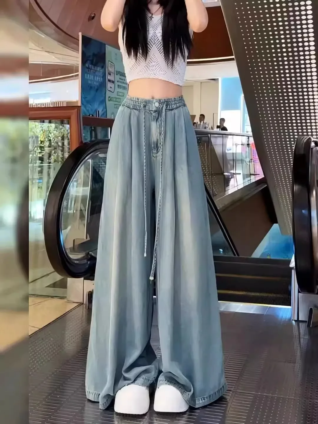 

Loose Wide Leg Denim Jeans Women's Thin Style Lazy Fashion Floor-Length Pants Drawstring High Waist Cotton Polyester Blend