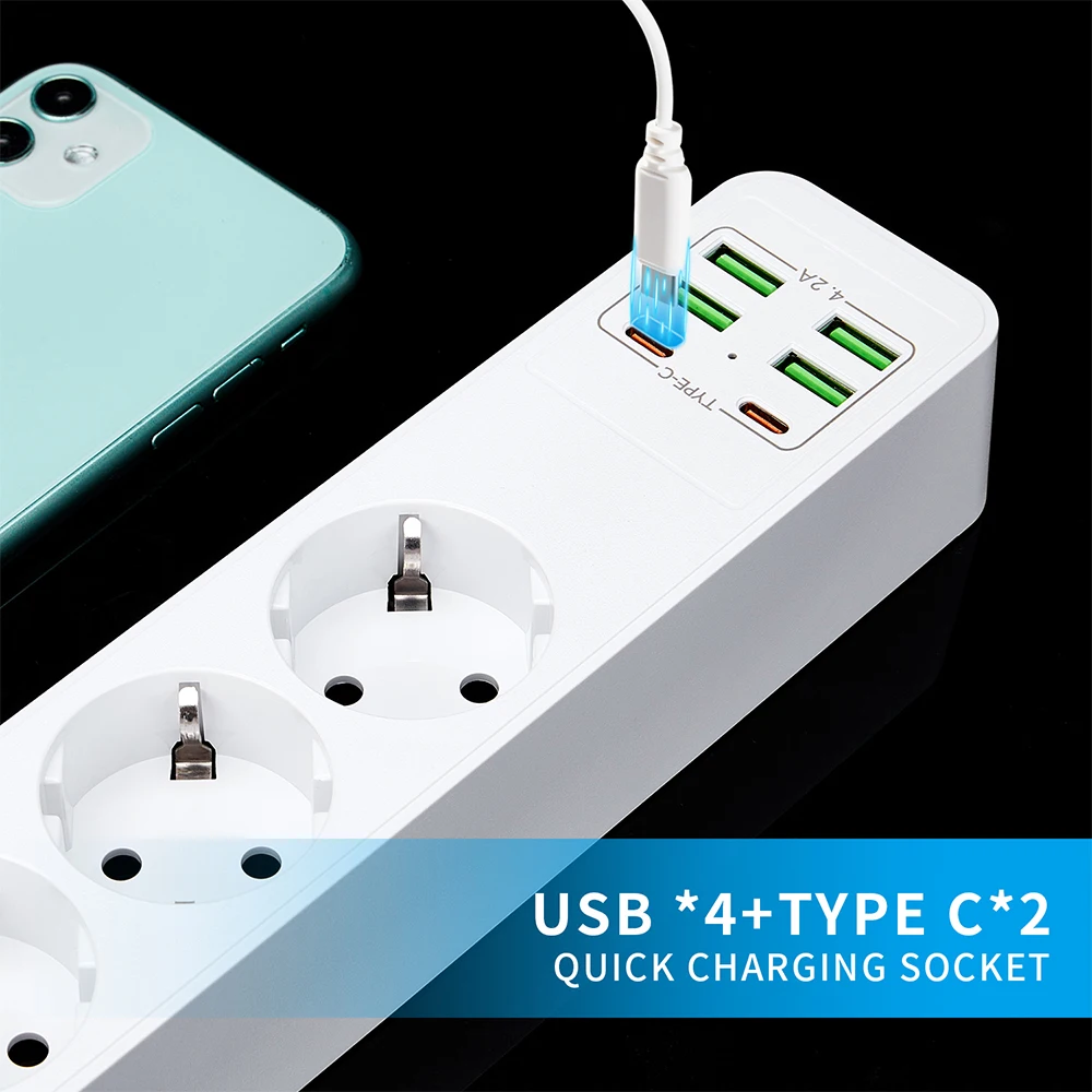 Protezione da sovraccarico della ciabatta della presa Desktop ue da 3000W con presa di prolunga USB C interruttore della presa del cavo di prolunga da 2m