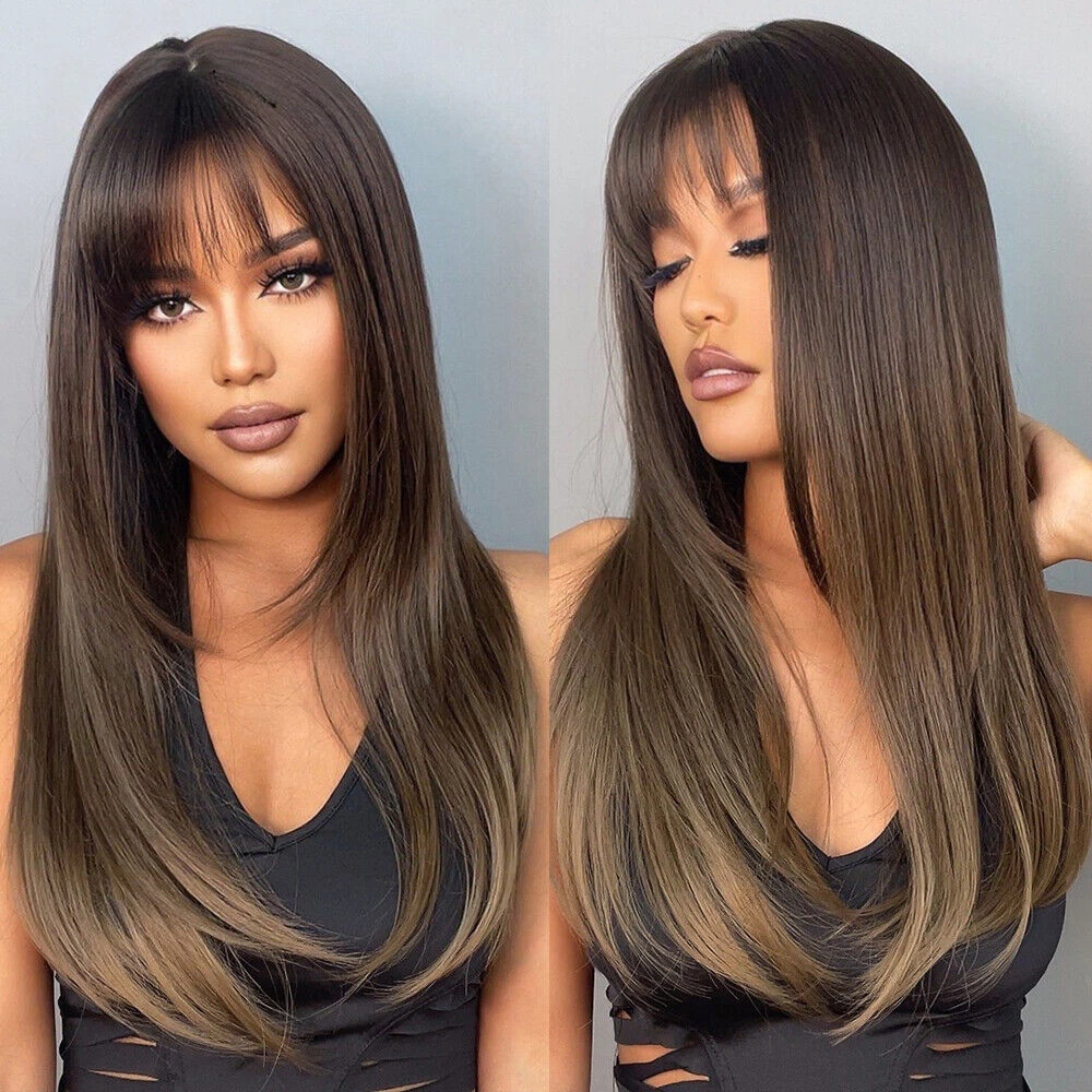 

Ombre Brown Hair Wigs with Bangs for Women Long Natural Straight Synthetic