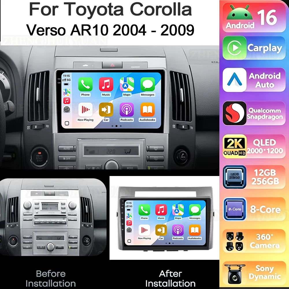 Android 16 Für Toyota Verso Corolla 2004-2009 CarPlay Android Auto Autoradio Stereo GPS Navigation Multimedia Player Drahtlos 5G