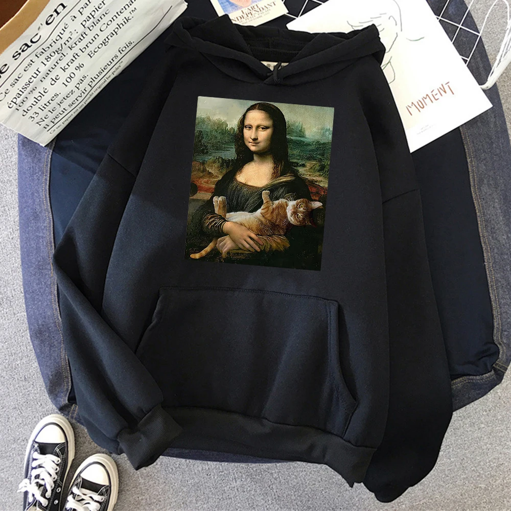 T Shirts Mona Lisa Hugging Cat Kawaii Women Hoodies Cartoon Pocket Pullover Oversize Loose Sweatshirt Fleece Soft Hoodie Woman