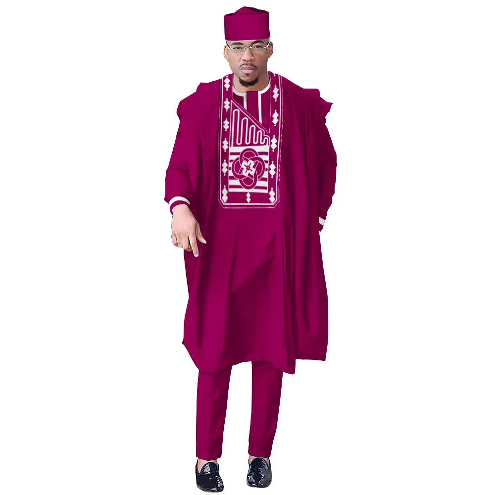 

Traditional Boubou Shirt Pants with Hat 4 PCS Set Wedding Party Clothes African Bazin Riche Outfits Ankara Dashiki Men Agbada