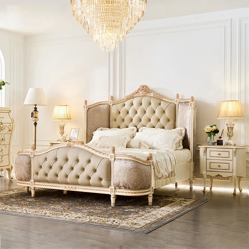 French retro white old castle bed luxury European villa bedroom princess bed wood carving flower double wedding bed
