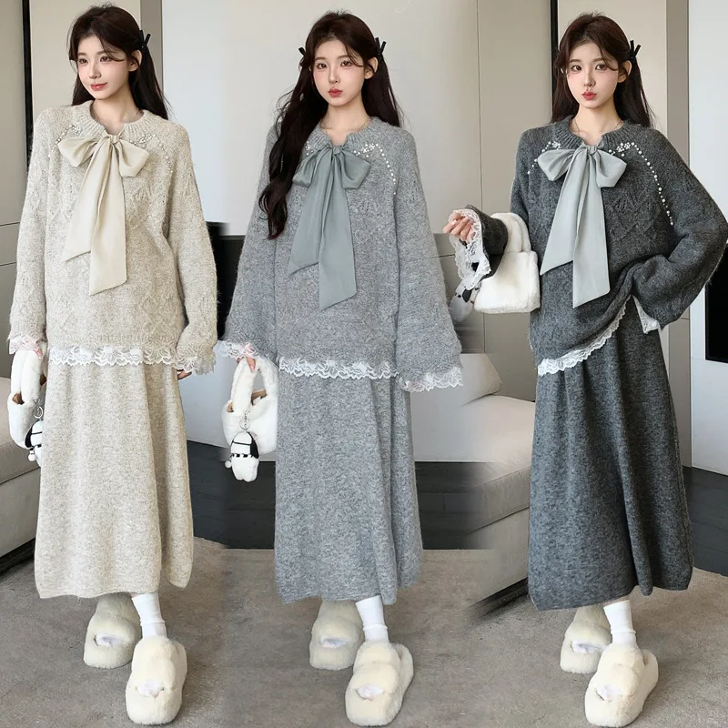 Maternity Suit Autumn Winter 2026 New Style Elegant Gentle Bowknot Lace Trim Sweater and Midi Skirt Two Piece Set For Pregnancy