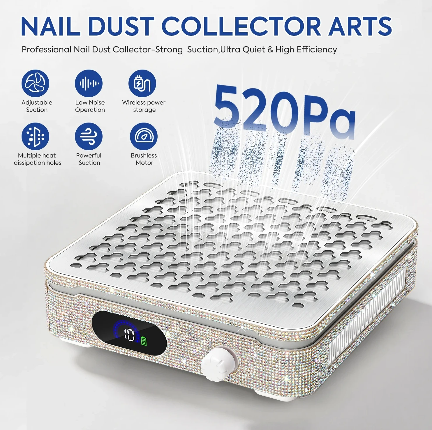 

Zz 4200 об/мин, пылесос для ногтей с высокой всасывающей способностью, перезаряжаемый пылесборник для ногтей с аккумулятором 3000 мАч и дизайном рейнстронов для дизайна ногтей