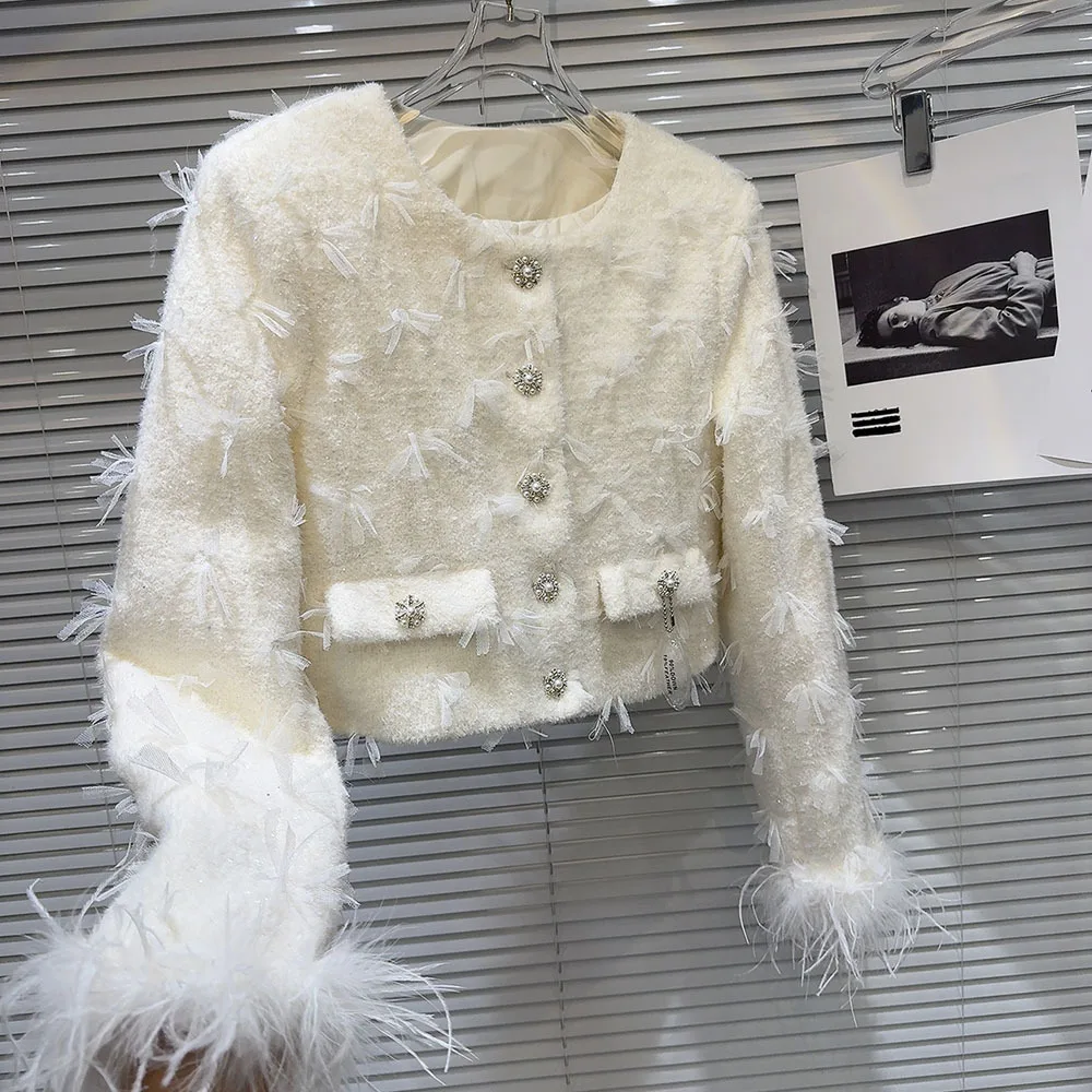 Newest Winter Small Fragrance Wind Tweed Jacket Women Fashion Feathers Patchwork Black Coat Ladies White Duck Down Liner Outwear