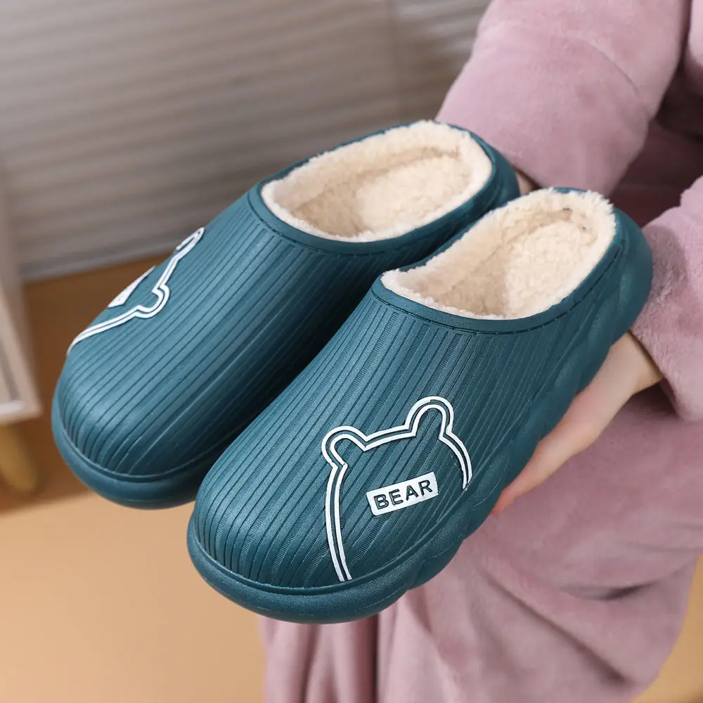 Unisex Autumn Winter Cartoon Warm Slippers Soft Waterproof PVC Plush Slippers Female Clogs Couples Home Indoor Fuzzy Shoes