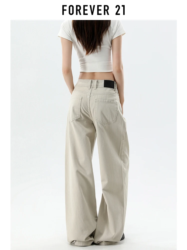Calça Jeans Feminina Forever 21 Estilo Americano Vintage Cáqui Claro de Perna Larga, Nova Coleção de Verão, Solta, Efeito Emagrecedor, Caimento Fluido e Corte Reto