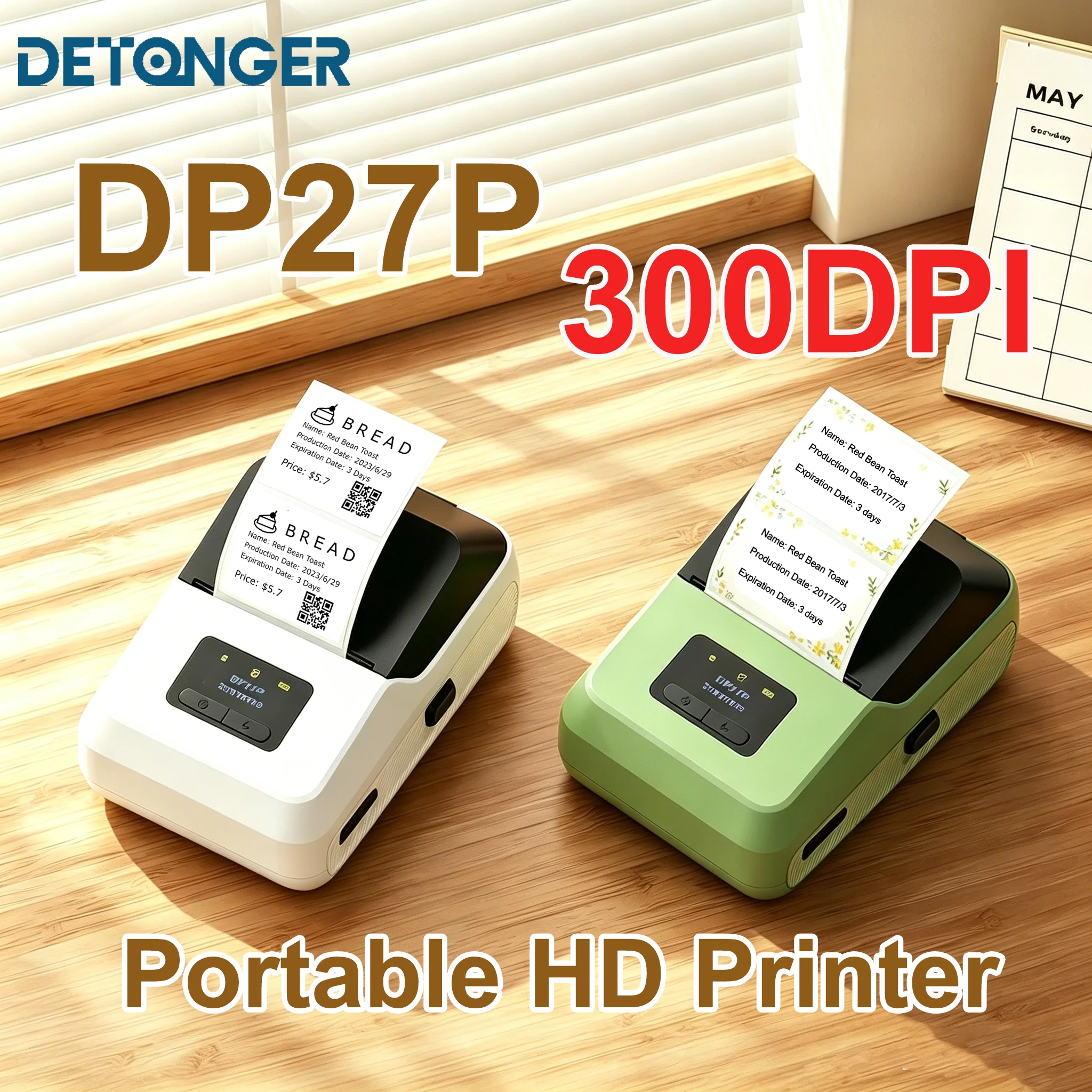 Imprimante thermique DETONGER DP27P 300 DPI HD sans fil, sans encre, compatible iOS et Android pour la maison et le bureau, bijoux, câbles, autocollants
