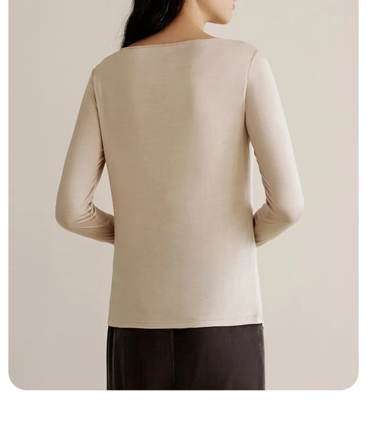 BirdTree, 100%Mulberry Silk Warm T-shirt, Women With Chest Pads O Neck Solid, Basics Knit Bottom Tops, 2024 Fall Winter P48251QC