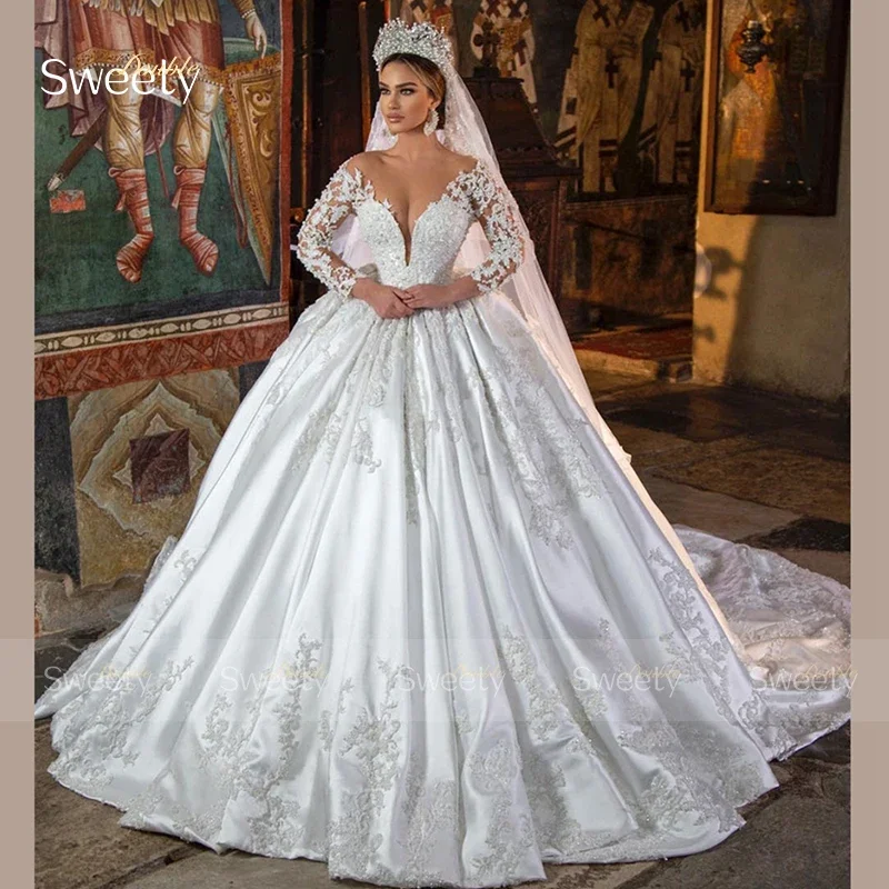 Luxury Royal Wedding Dress Matte Satin With Embroidered Lace Ballgown Sweetheart O-Neck Fullsleeve Bride Button Vestido De Novia