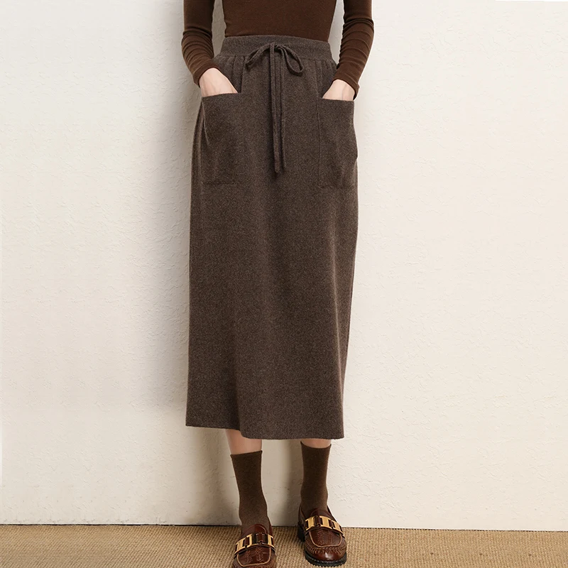 Cashmere Skirt Knitted Skirt Half Skirt, Double Pocket A-Line Skirt Skirts Plus Size Women Long Elegant Dress Women Clothing