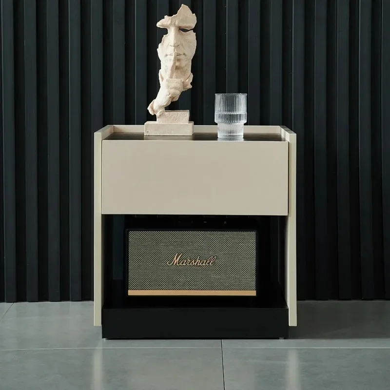 *Simple solid wood bedside tables, drawers and open storage, eco-friendly apartment with contrasting bedrooms