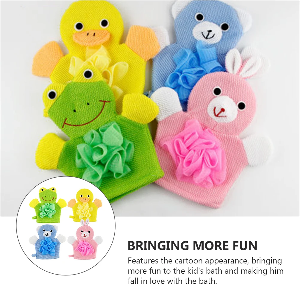 

4 Pcs Kids Bath Gloves Children Cartoon Scrubbers Tools Baby Cleaning Toddler Yellow Duck Green Frog