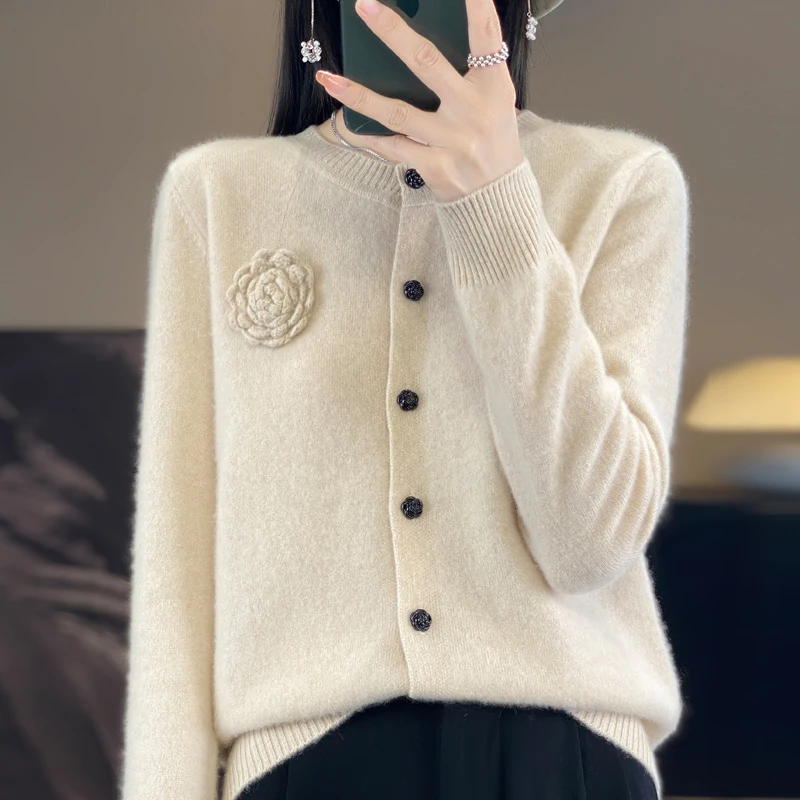 Heavy Industry three-dimensional cardigan flower round neck 100% Merino wool sweater new temperament red sweater coat