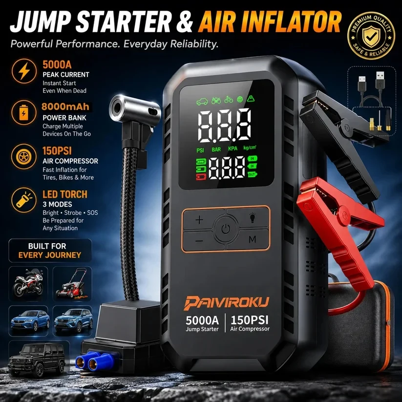 PAIVIROKU 4-in-1 Car Jump Starter 8000mAh 12V 150PSI