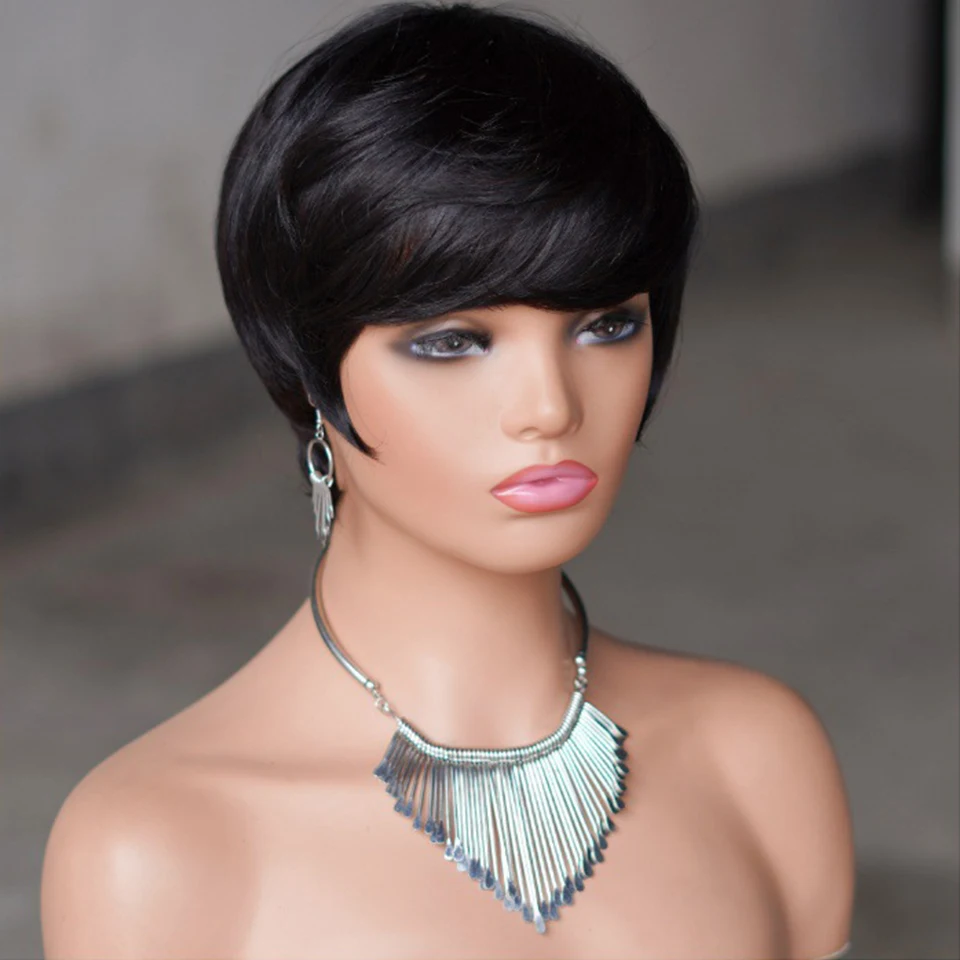 1B Short Human Hair Wigs Pixie Cut Straight perruque bresillienne for Black Women Machine Made Wigs With Bangs Cheap No Lace Wig