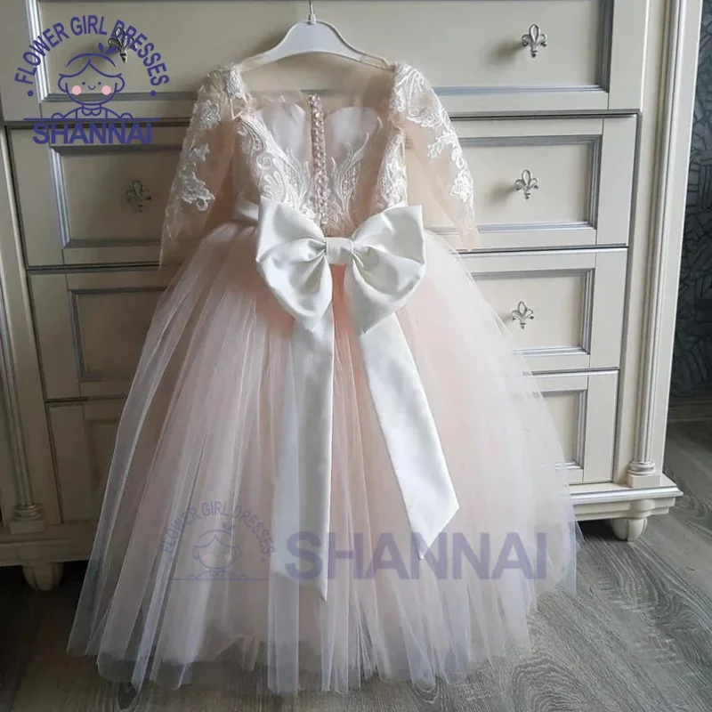 Champagne Lace Detachable Trailing Flower Girl Dress for Wedding Little Bridesmaid Birthday Holiday Party Prom 1-14 Years