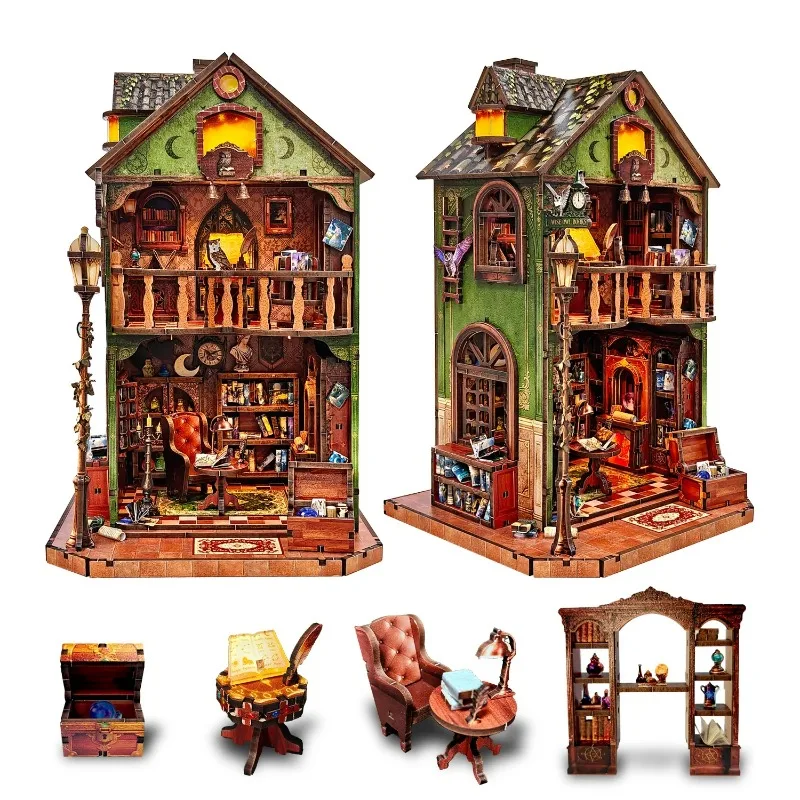 DIY Wooden Book Nook Owl Library Cottage Miniature Dollhouse 3D Puzzle Assembly Model Kits for Adults Birthday Gifts Home Decor