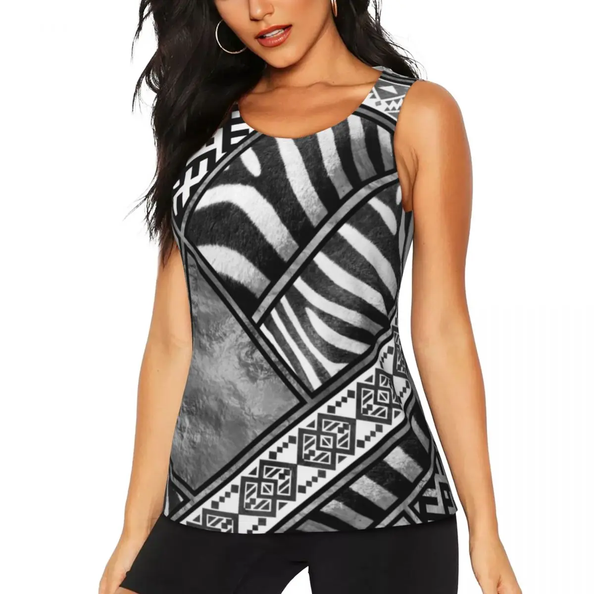 

Custom Zebra Fur Skin Ethnic Tribal Geometric Ornaments Workout Yoga Shirt Quick Dry Leather Texture Athletic Running Tank Tops