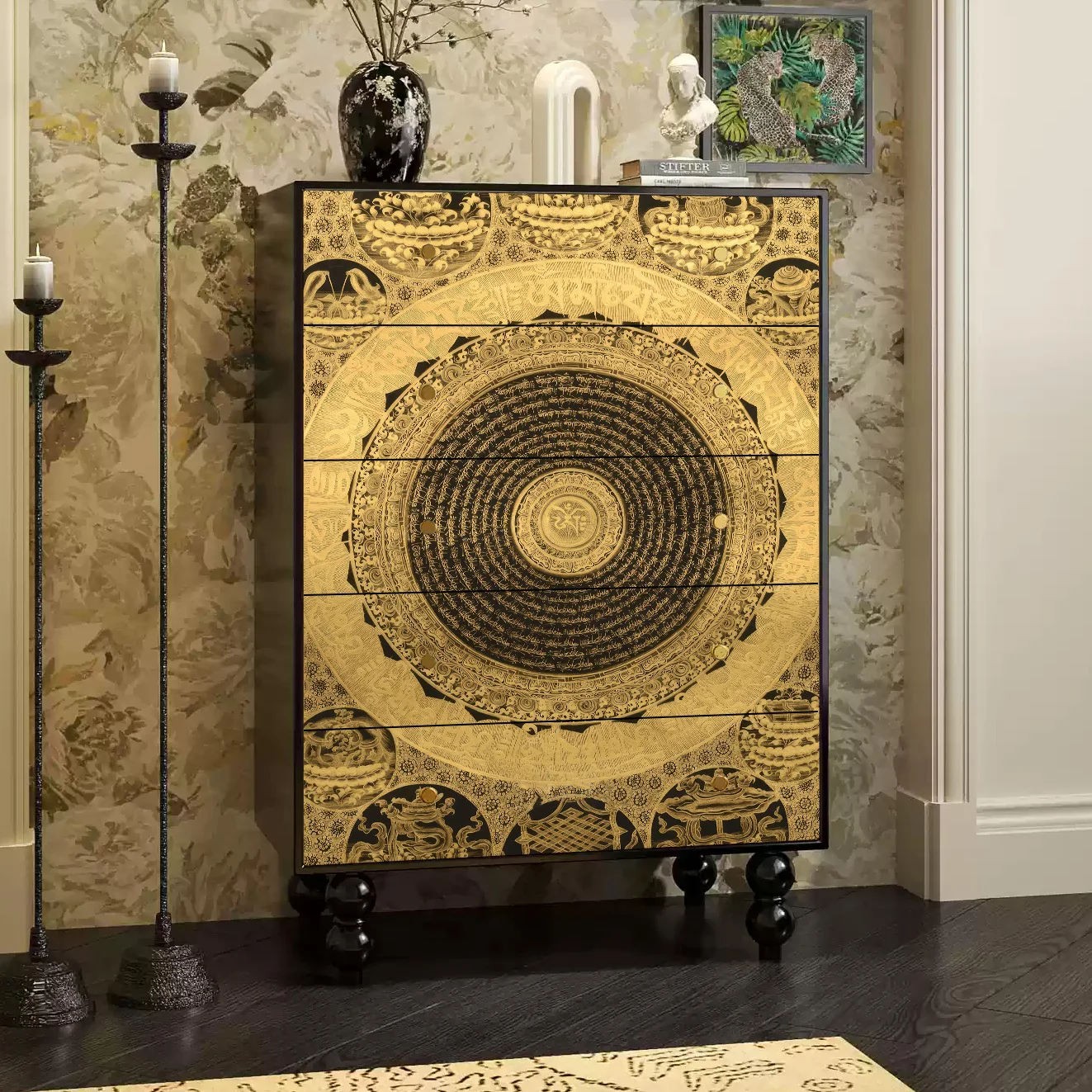 Tibetan Buddhist cabinet painted six-character mantra cabinet household solid wood chest