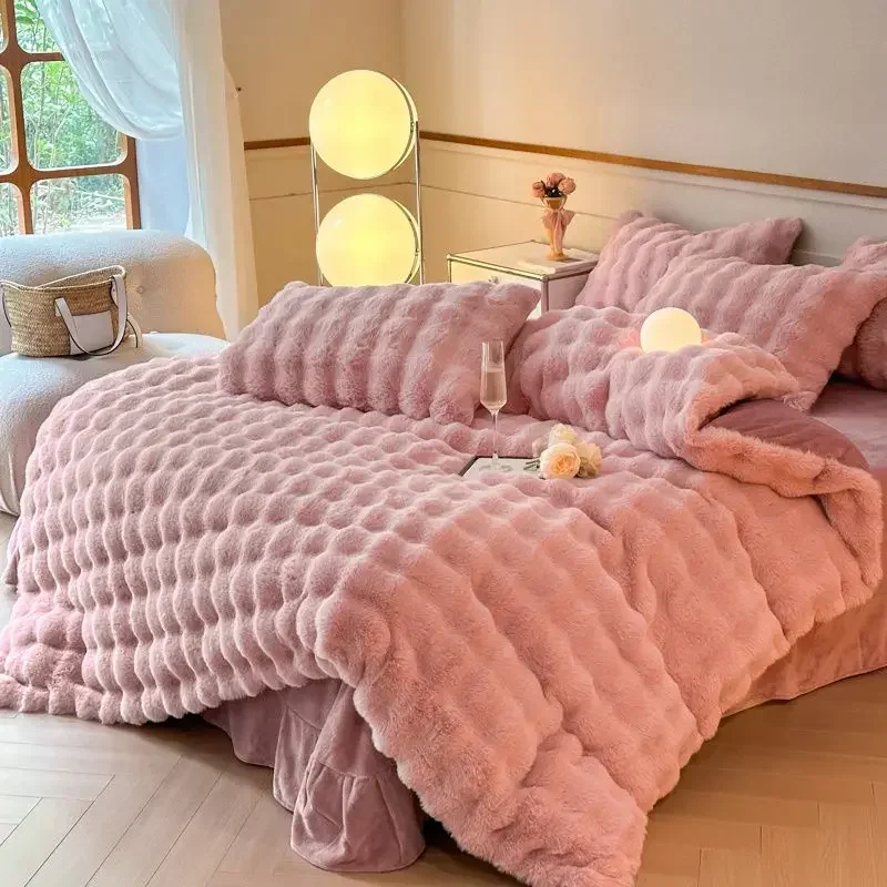 

4pcs High End Rabbit Plush Bed Four Piece Set Winter Thick Warm Bubble Velvet Cover Set Lace Bed Sheet Skirt Pillowcases Bedding