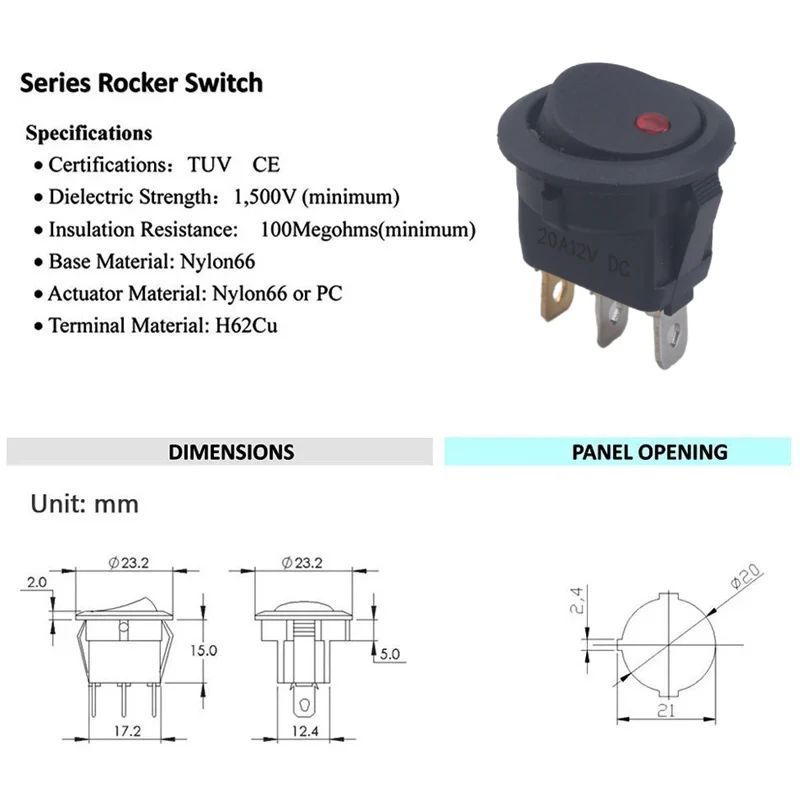 10pcs/lot on-Off Control 4 Colors Push Button Switch 3 Pin 12V 20A Amps Car Truck Rocker Round Toggle LED Switch