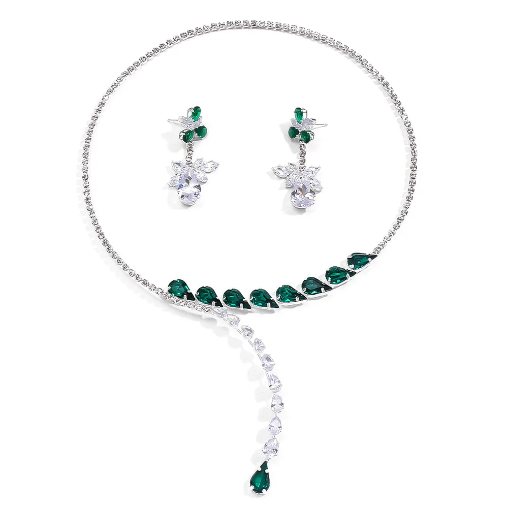 Stonefans Water Drop Necklace Earrings Set for Women Elegant Bride Wedding Green Accessories Jewelry Sets Luxury Indian Style