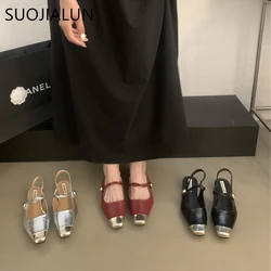 SUOJIALUN 2024 New Brand Women Sandal Fashion Slip On Ladies Elegant Outdoor Dress Slingback Sandal SquarLow Heel Pumps Mules Sh