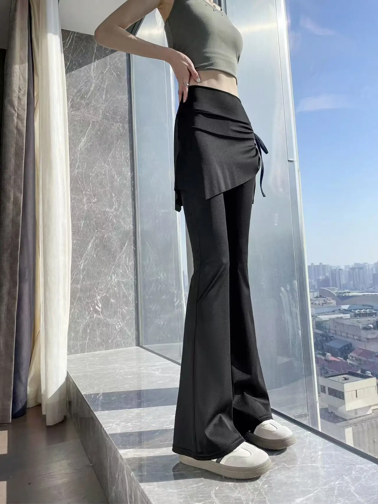 2025 New Drawstring Micro-flared Pants High Waist and Thin Sports Micro-pull Pants Skirt