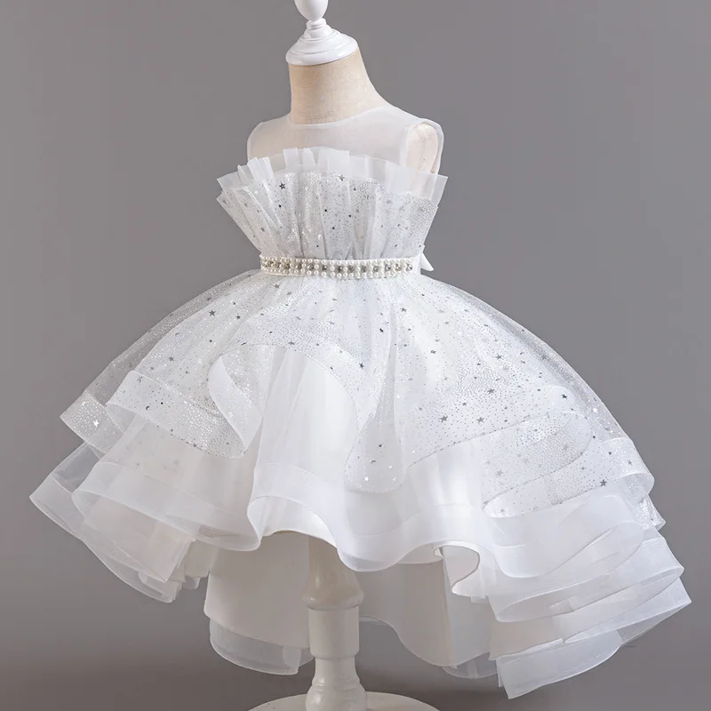 New Arrival Kids Tulle Prom Girls Dress Kids Ruffles Party Wedding Dresses Beading Waist Band Mesh Flower Girl Pageant Ball Gown