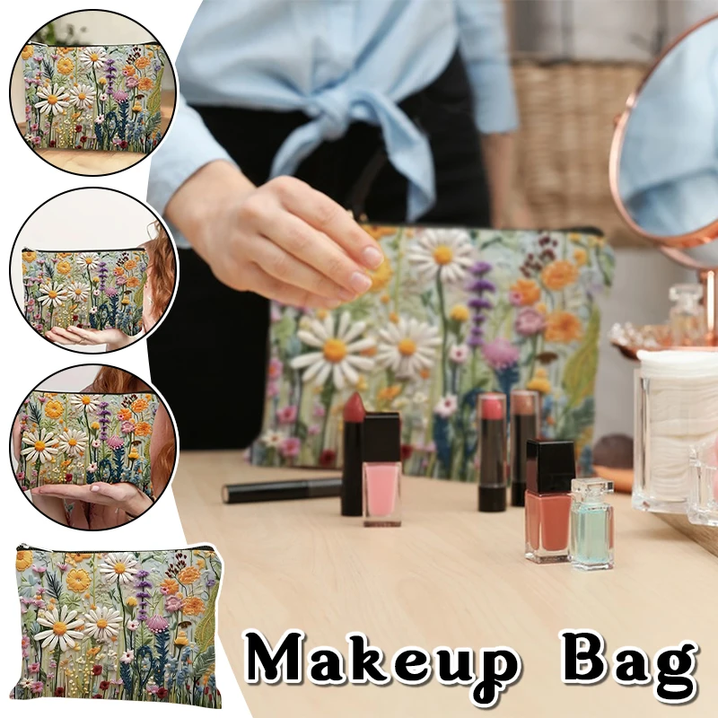 

Charming Daisy Wildflower Makeup Bag - Canvas Zippered Cosmetic Organizer with Lining | Perfect Teacher Appreciation Gift