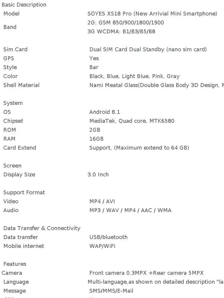 SOYES XS18 Pro Mini Smartphone 3G Network 3.0'' 2GB RAM 16GB ROM Android8.1 With Facial Recognition Dual SIM Standby Small Phone