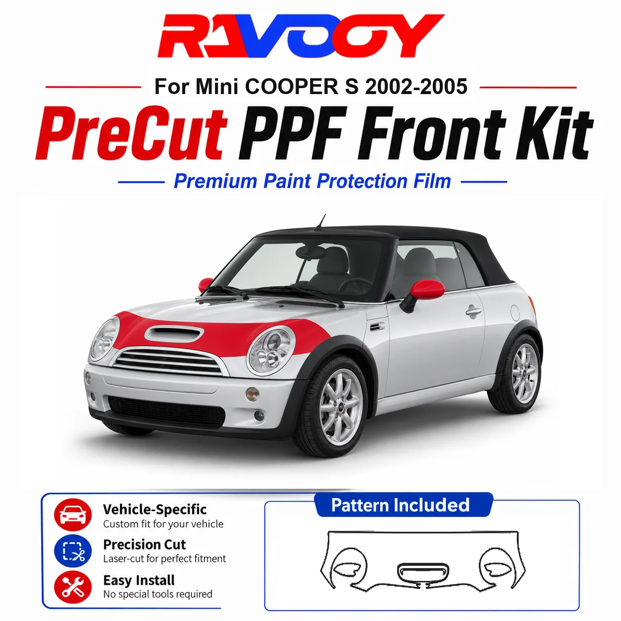 

8.5mil TPU Precut PPF Kit For MINI COOPER S 2002-2005 - Hood, Fenders & Mirror Set - Self-Healing Clear Bra Film